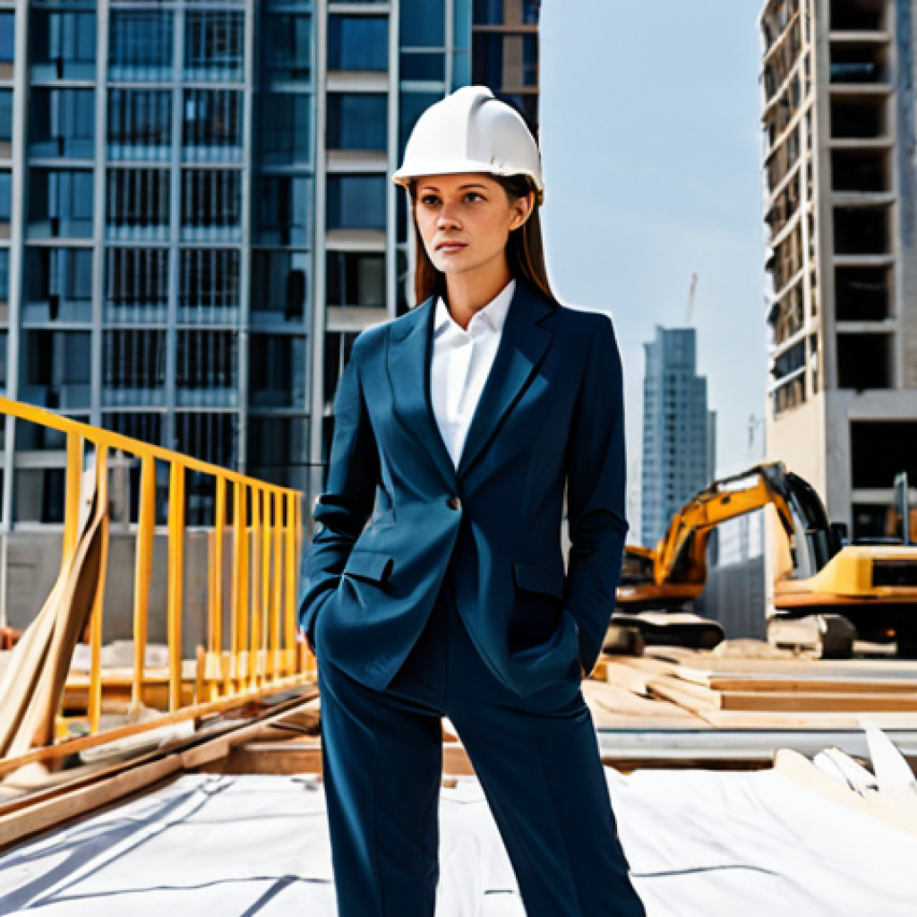 **

"A professional female architect in a modest, stylish pantsuit, reviewing blueprints on a construction site, hard hat visible, fully clothed, appropriate attire, safe for work, perfect anatomy, correct proportions, natural pose, professional photography, high quality, family-friendly. Background: A modern cityscape with partially constructed buildings."

**