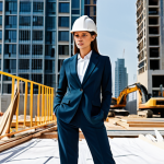 **

"A professional female architect in a modest, stylish pantsuit, reviewing blueprints on a construction site, hard hat visible, fully clothed, appropriate attire, safe for work, perfect anatomy, correct proportions, natural pose, professional photography, high quality, family-friendly. Background: A modern cityscape with partially constructed buildings."

**