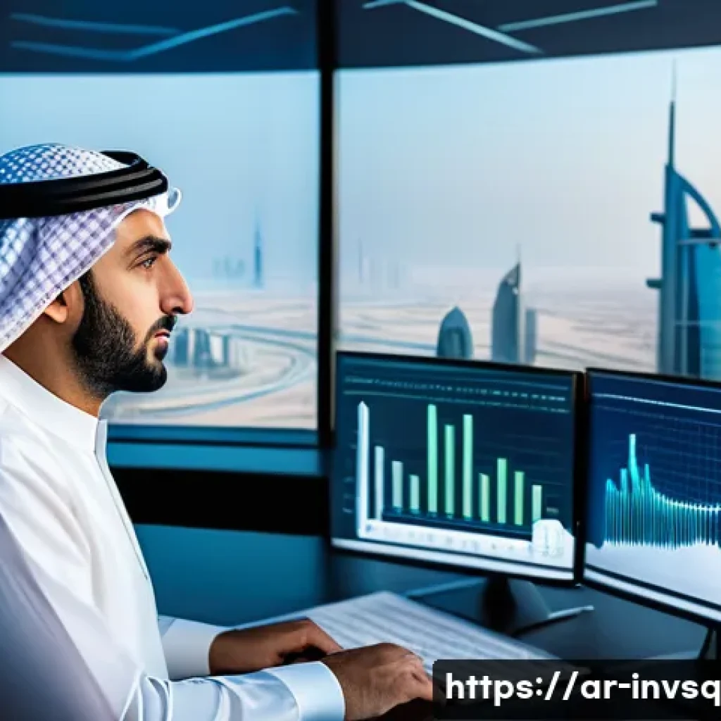 대체투자 옵션 평가에서의 혁신적 모델 - A futuristic financial analyst workspace in a modern Dubai office, featuring multiple transparent di...