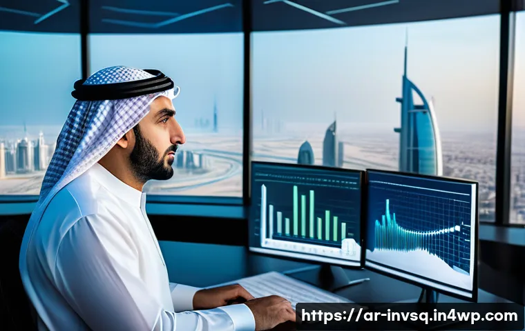 대체투자 옵션 평가에서의 혁신적 모델 - A futuristic financial analyst workspace in a modern Dubai office, featuring multiple transparent di...