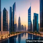 Home 21 대체투자 옵션의 법적 고려사항 - A modern Middle Eastern financial district at sunset, featuring sleek skyscrapers with Arabic archit...
