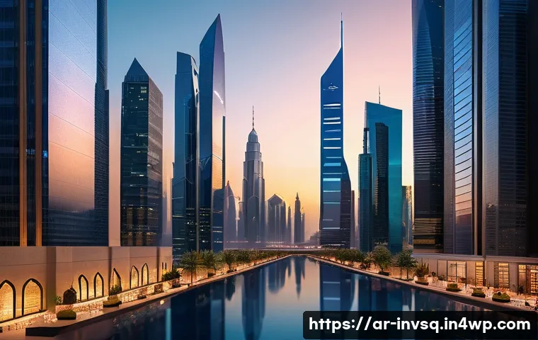대체투자 옵션의 법적 고려사항 - A modern Middle Eastern financial district at sunset, featuring sleek skyscrapers with Arabic archit...