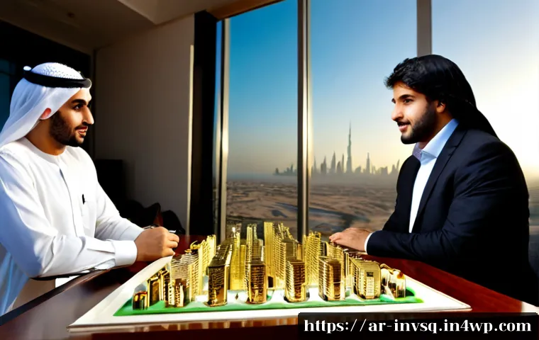 대체투자 옵션의 전략적 투자 결정 - Photorealistic strategic investment meeting in a modern Gulf-region financial office, two Arab busin...